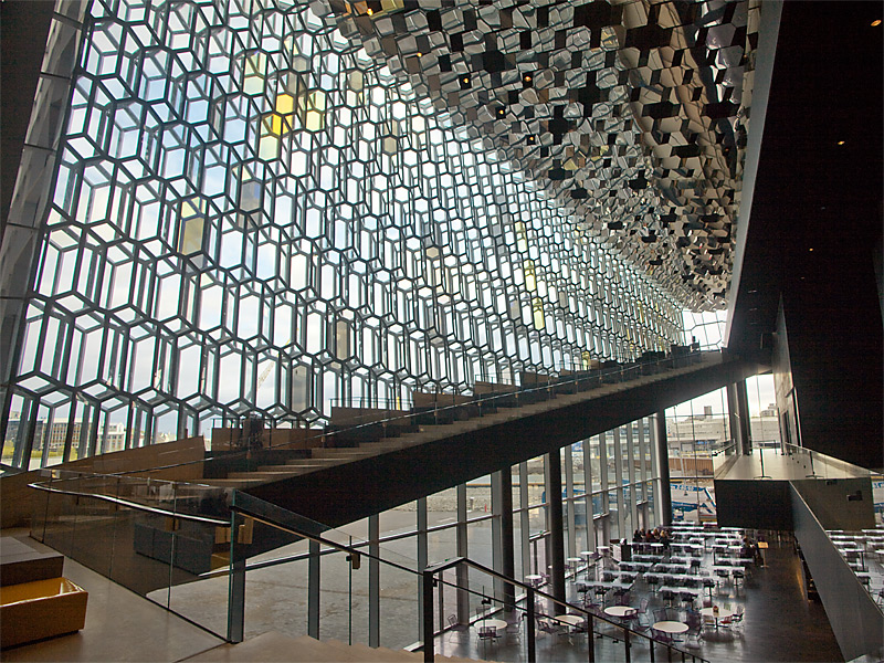 Harpa - Reykjavík concert hall and conference centre Facade Olafur Eliasson - with Variotrans Colour effect glass inside view 