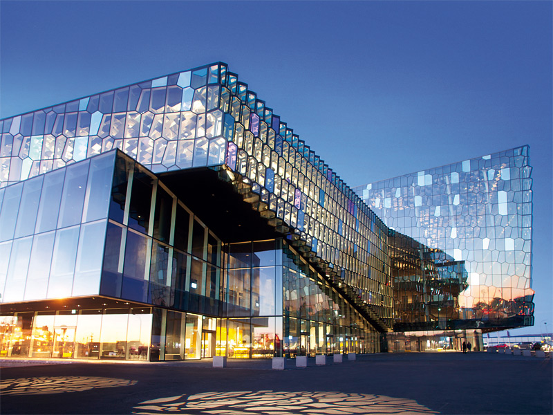 Harpa - Reykjavík concert hall and conference centre Facade Olafur Eliasson - with Variotrans Colour effect glass night effect